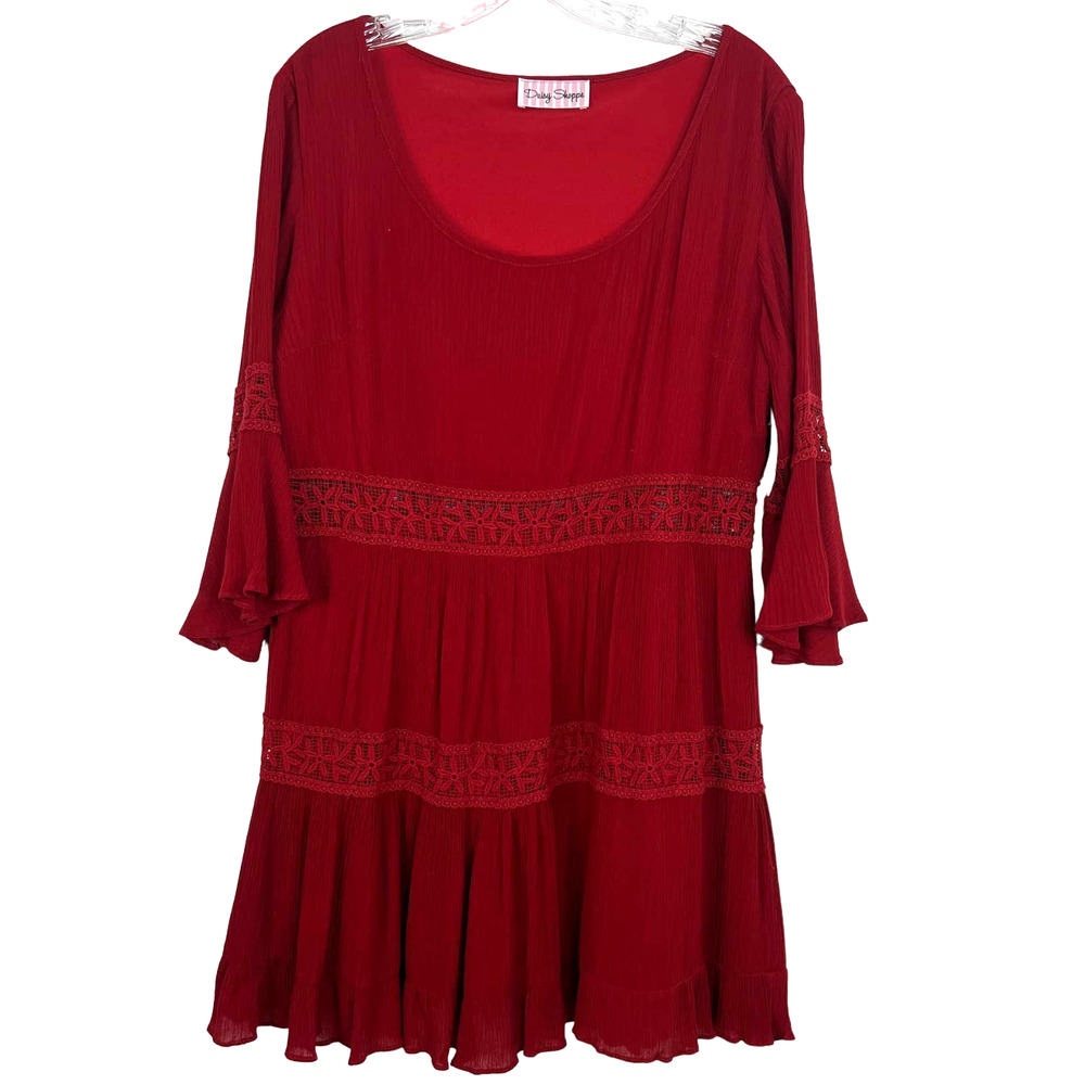 Daisy Shoppe NWT Women's Red Lace Embroidered Ruffle Hem 3/4 Sleeve Dress Size L
